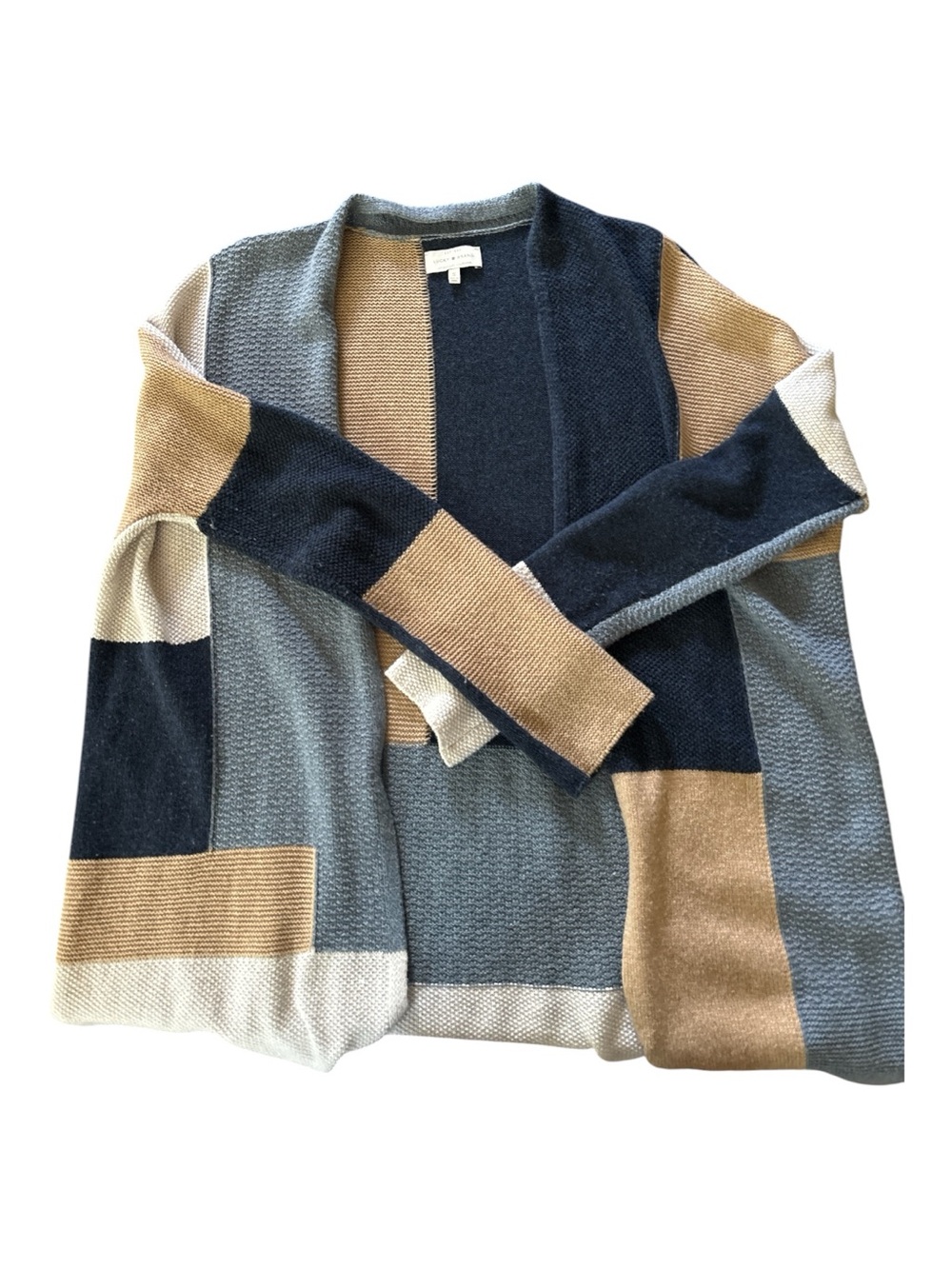 LUCKY BRAND long patchwork cardigan,wool blend knit ,oversized small, blue gray - Picture 6 of 6